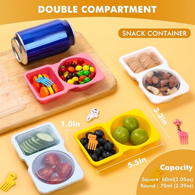 20 Sets Reusable Snack Containers with Lids, 2-Compartment BPA-Free Portion Control Containers for Kids Lunch, Meal Prep & On-the-Go, Refrigerator & Microwave Safe with 10 Animal Forks (4 Color)