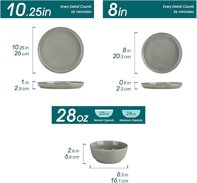 vancasso ANYA 18 Pieces Plates and Bowls Set, Stone Grey Dinnerware Sets, Reactive Glaze Dishes Set for 6, Ceramic Dishware Sets Kitchen Dinner Set, Microwave & Dishwasher Safe
