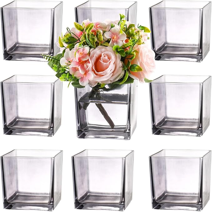 Square Glass Vases Set of 9, 5" x 5" x 5" Grey Flower Vases for Centerpieces, Square Vase for Flowers, Small Vase for Wedding, Party, Home Office Decoration