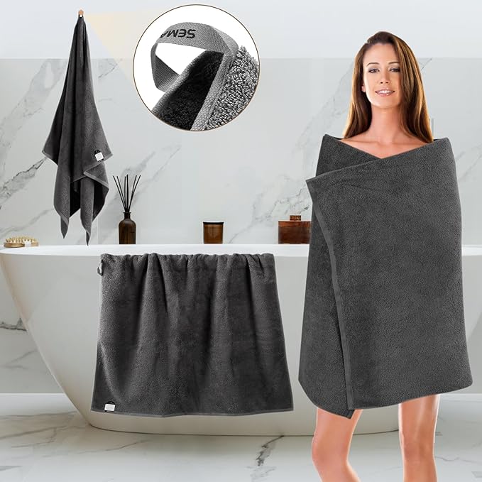 SEMAXE Grey Bath Towel, 100% Cotton Towel with Hanging Loop, Hotel & Spa Quality Soft Absorbent Towel for Bathroom, Gift Box Packaging, 1 Pc Bath Towel, 55" L x 27" W