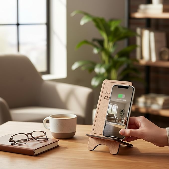 Design Your Own Phone Stand Personalized Wooden Holder Custom Pet Name Engraved Handmade Desk and Home Accessory Gift (Feed me Charge me)