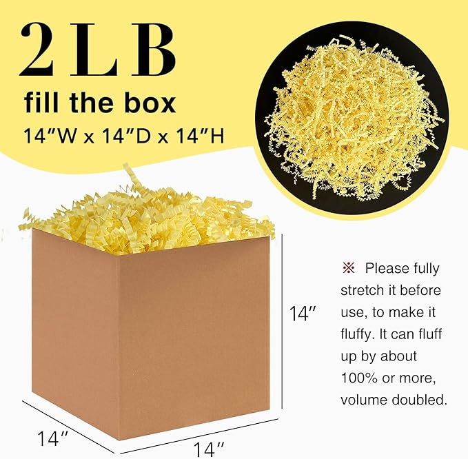 2 LB Crinkle Paper Shred Filler for Bag Gift Box Basket Paper Shreded Stuffing Decoration for Holiday Party (Light Yellow)