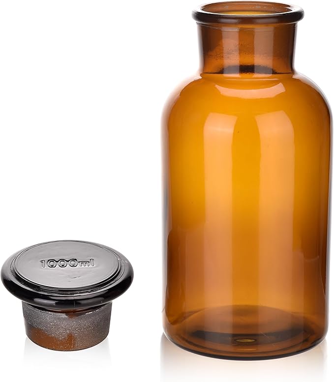 Lab Glass Reagent Bottle,Wide Mouth Glass Storage Bottle with Ground Stopper,Decorative Bottles/Vase (Amber, 1000ML)