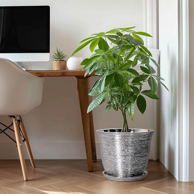 Ceramic Planter - 12 Inch Pots for Plants Indoor Outdoor, Round Planter with Drainage Hole and Saucer, Modern Decorative Planters, Large Plant Pot, House Patio Decor, Garden Gifts, Silver