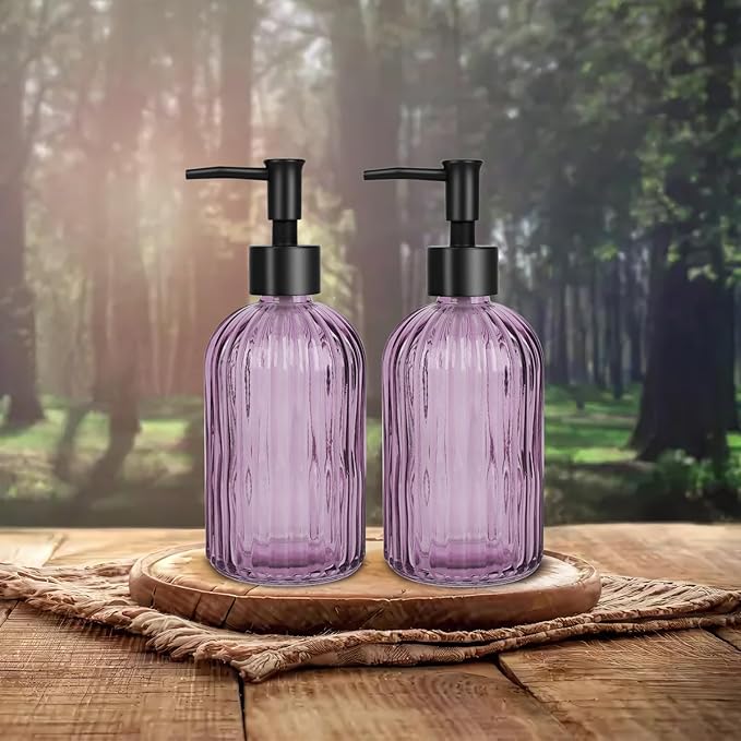 Glass Soap Dispenser with Plastic Pump, Hand Soap Dispenser for Hand Wash, Lotion Dispenser for Dishwashing Liquid, Lotion Shower Gel (Striped Purple)