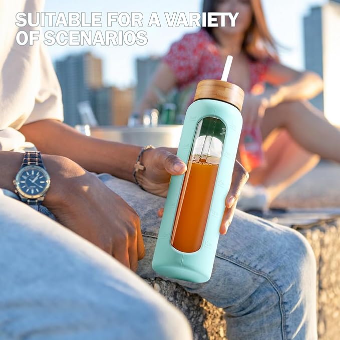 32oz Glass Water Bottle with Straw and 2 Lids- Bamboo and Spout Lid,Motivational Sports Water Bottle with Silicone Sleeve and Time Marker,Reusable for Gym, Outdoors, Mint Green