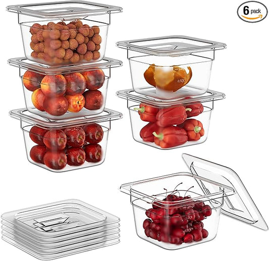 1/6 4" 6 Pack Plastic Food Pans With Lids, Clear Food Pan, Commercial Stackable Polycarbonate Freezer-Safe for Fruits Vegetables Restaurant Kitchen