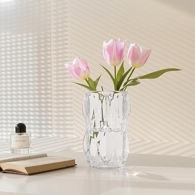 VECELO Crystal Glass Vase - Textured Clear Flower Vase for Fresh Flowers & Hydroponic Plants, Modern Decorative Centerpiece for Dining Table, Coffee Table & Home Décor, 7.28 Inches