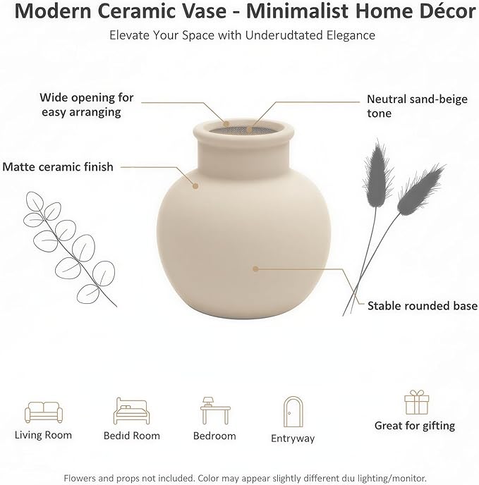 5.5-Inch Off-White Ceramic Flower Vase, Rustic Farmhouse Boho Pottery Decor for Living Room, Table Centerpiece, Mantel & Shelf