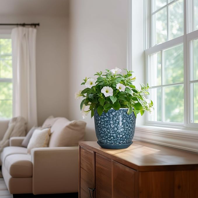 8 Inch Plant Pot - Ceramic Planter for Indoor Outdoor, Round Planter with Drainage Hole and Saucer, Modern Planters, Decorative Flower Pot, Garden Room Office Home Decor, Garden Gifts, Blue