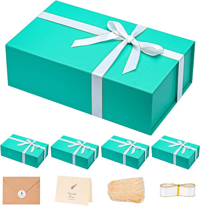 LIFELUM Large Gift Boxes with Lids,5 Pack 13.85 x 8.35 x 4.45 inch Rectangle Collapsible Gift Boxes with Ribbon,Card,Shredded Paper Filler Gift Boxes for Presents,Christmas,Birthdays