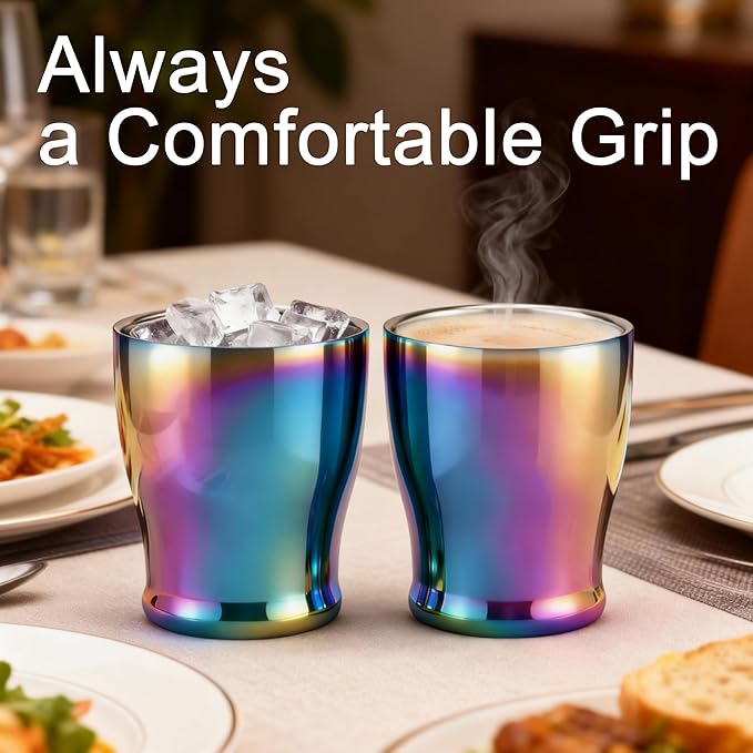 TIAKO 2-Pack Double Wall Stainless Steel Insulated Cups, 8.8oz (260ml), Hot & Cold Drinkware for Travel, Office, Home – Sweat-Proof, Durable, Mirror Polished Finish (Rainbow)