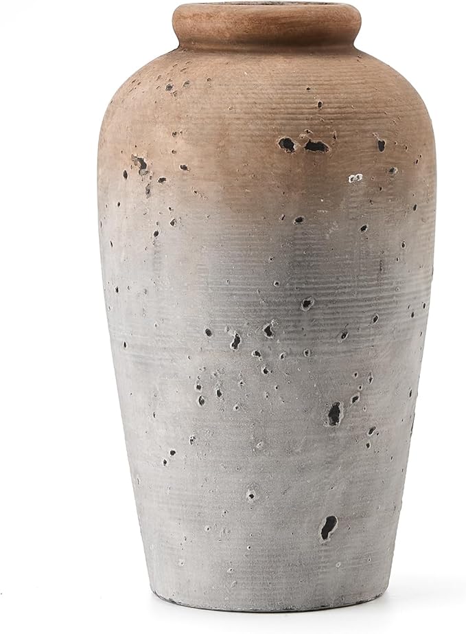 Large Ceramic Rustic Vase, 11 inch Minimalist Decorative Farmhouse Tall Vase for Home Decor, Living Room, Shelf Decor, Enterway, Wedding, Table Decoration, Brown