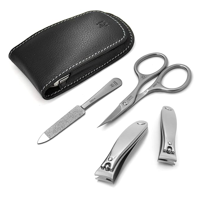 GERMANIKURE 4pc Manicure Set in Leather Case - Handmade in Solingen Germany, FINOX High Carbon Stainless Steel – Professional Travel Size Manicure and Pedicure Kit