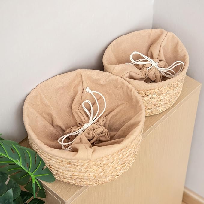 Round Gourd Grass Woven Storage Basket with Liner - Small Woven Baskets for Organizing Kitchens Closet Shelves Bathrooms and Laundry Rooms - Round Basket (One Large)