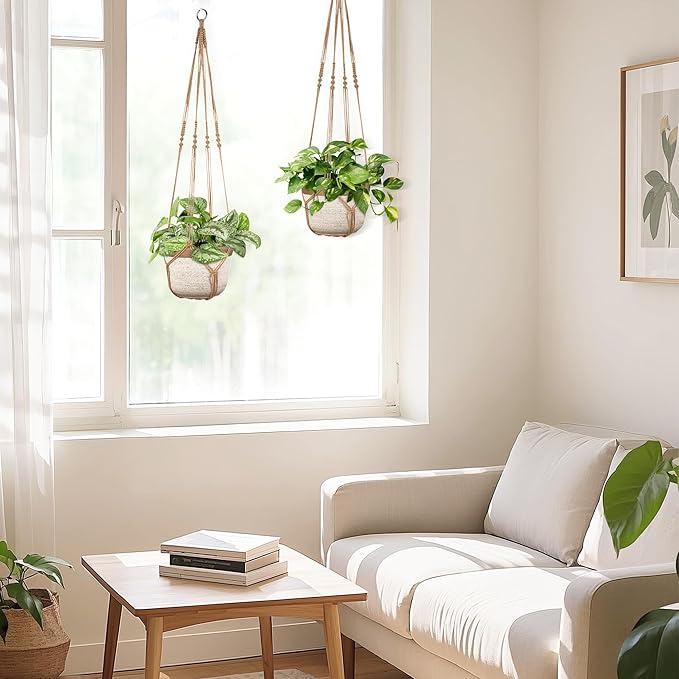 Dahey Macrame Plant Hanger Indoor Outdoor Hanging Planter Basket Large for up to 12" Pot Handmade Woven Cotton Rope Flower Pots Holder for Boho Home Decor, 43 Inch, Set of 2, Brown