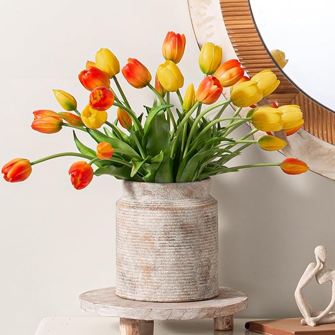 Ceramic Flower Vase 7.5 inch Farmhouse Rustic Vase for Home Decor Handcrafted Pottery Terracotta Vases for Dining Table Decor Fireplace Living Room Bathroom Wedding Centerpiece (L-Terracotta)