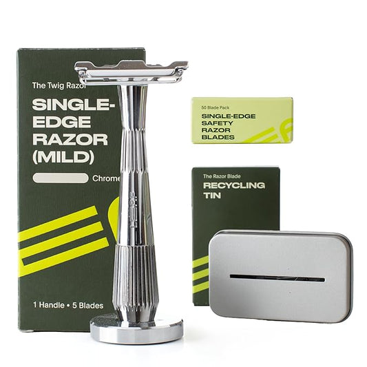 Leaf Shave | Leaf Twig Razor Set, Includes Twig Razor, Matching Stand, 50-Pack Single-Edge Blade Refills, and Blade Bank - Chrome