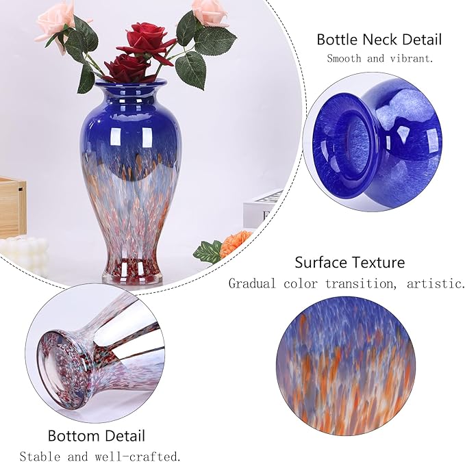 Hand Blown Glass Vase 11.8" Tall Beautiful Dark Blue Sea Wide Mouth Bud Vase for Table Centerpiece, Painted Colorful Murano Glass Flower Vases for - Home Entrance Wedding Center