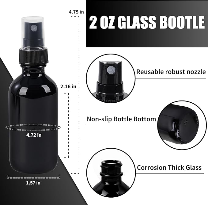 2 oz Glass Spray Bottles, Reusable Fine Mist Sprayer Small Spray Bottle, Leak-Proof Design, Perfect for Travel, Skin Care, Perfumes, Botanical, Cleansing (Black, 2oz-48pcs)