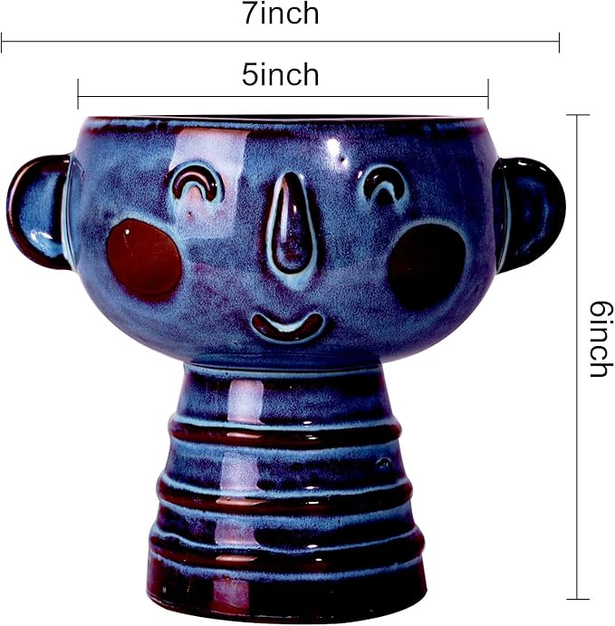 Planter, Ceramic Cute Face Flower Pot Head, Indoor Outdoor, Drainage Hole, 7x5x6 inches, Light Blue