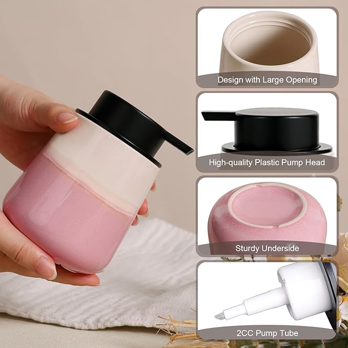 INGOFIN Ceramic Foaming Soap Dispenser - 12oz Foam Hand Soap Dispenser Bathroom, Refillable Modern Dish Dispenser with Pump for Kitchen, Beige and Pink