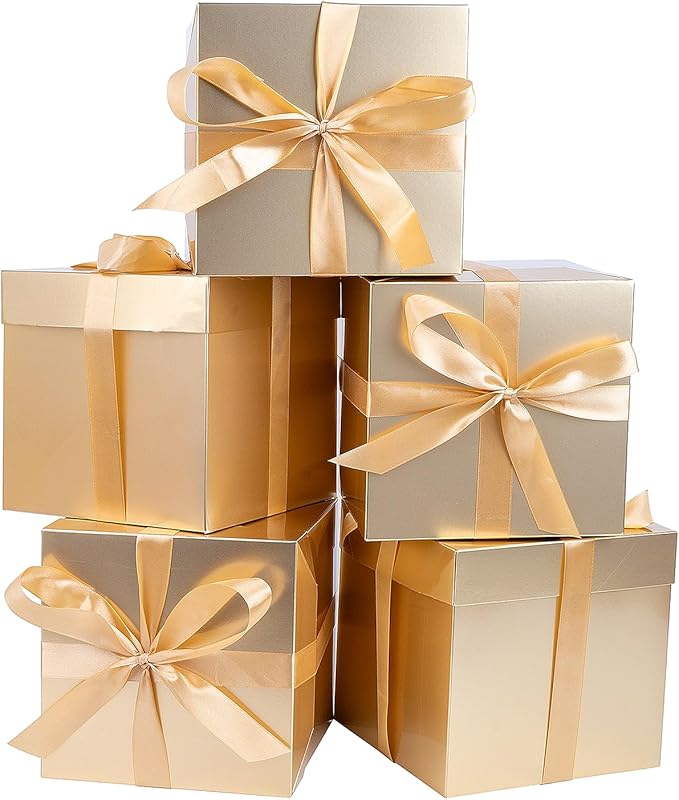Jaywayang 5 Pack Gold Gift Boxes with Lids, Ribbons and Tissue Papers Square Gift Boxes - 7.1 Inch - Christmas Presents Wrapping Hanukkah Decoration Party Favor Boxes.