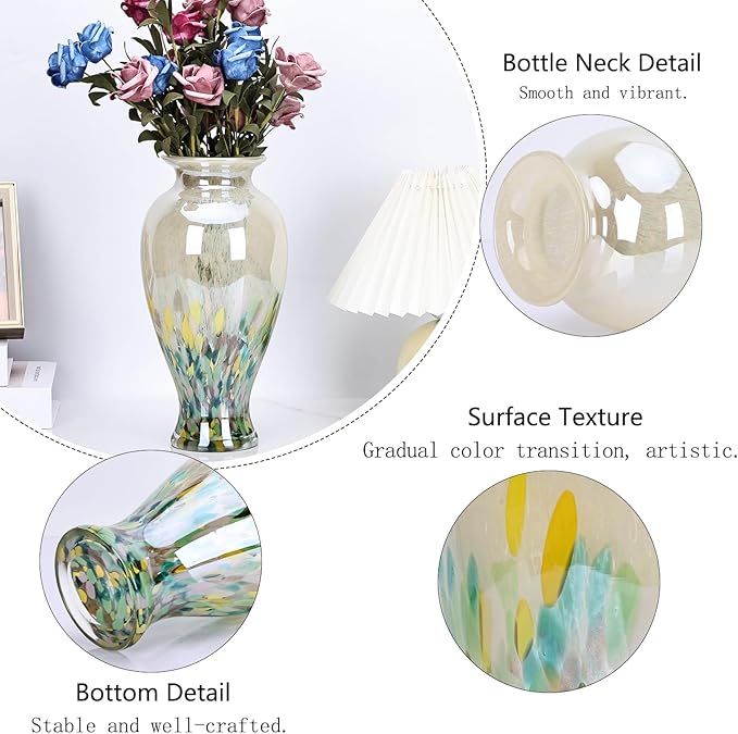 Hand Blown Glass Vase 11.8" Tall Beautiful Green Sea Wide Mouth Bud Vase for Table Centerpiece, Painted Colorful Murano Glass Flower Vases for - Home Entrance Wedding Center