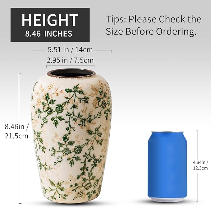 Vintage Pastoral Green and Beige Flower Vase, Ceramic Floral Vases, Retro Ice Cracked Chinoiserie Vase for Home Cottage Core Decor, Bookshelf, Office, Mantel, Wedding Rustic Table Centerpiece 8.5 Inch