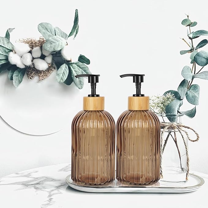 Amber Glass Soap Dispenser with Pump, 2 Pack 13.5oz Vertical Stripe Design Hand Soap Dispenser for Hand Wash, Dish Wash, Elegant Dispenser for Bathroom and Kitchen