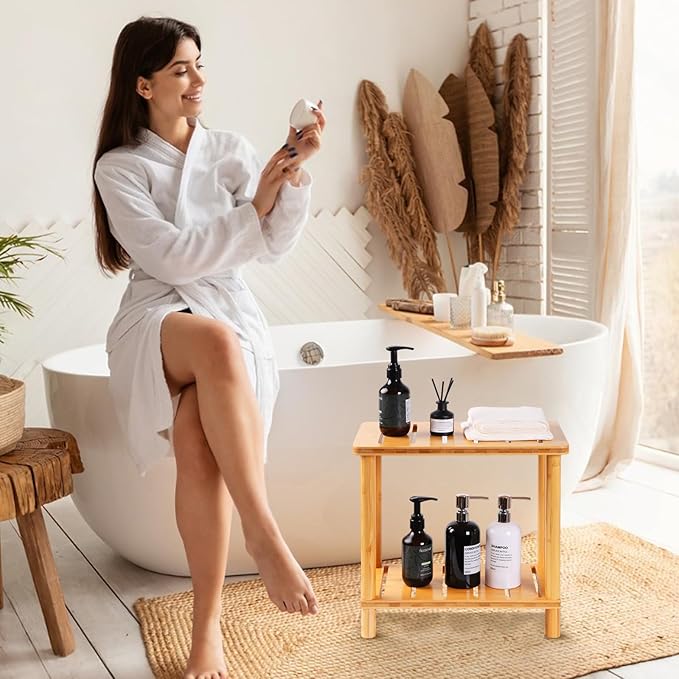 Bamboo Shower Bench Stool, Shower Stool for Inside Shower with Storage Shelf, Waterproof Shower Chair Spa Bath Seat, Bathroom Bench Seat for Adults for Indoor or Outdoor Use.