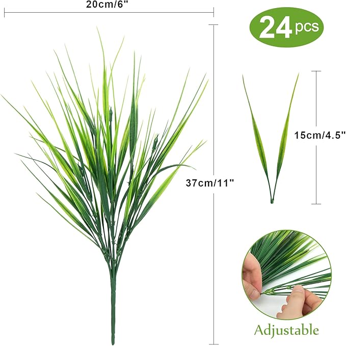 Ouddy Decor 24 Bundles Artificial Plants Outdoors Fake Wheat Grass Faux Greenery Stems Plastic Shrubs UV Resistant for Patio Garden Porch Window Box Spring Home Decor, Green