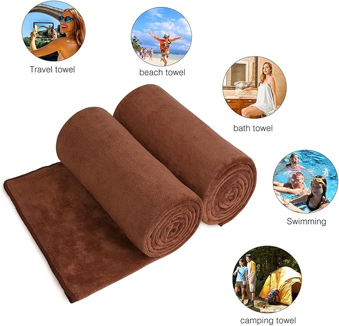 JML Microfiber Bath Towels, Large Bath Towel 2 Pack 30" x 60", Oversized, Soft, Super Absorbent and Fast Drying Bathroom Towel Set for Sport, Fitness, Yoga, Brown
