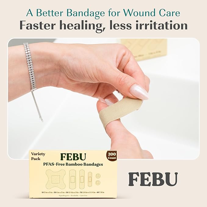 FEBU Eco-Friendly Bamboo Fabric Bandages | PFAS Free Bandages for Scrapes & Cuts | Flexible Fabric Bandage | Fully Compostable, Latex Free Bandage | 200 Count Bulk Variety