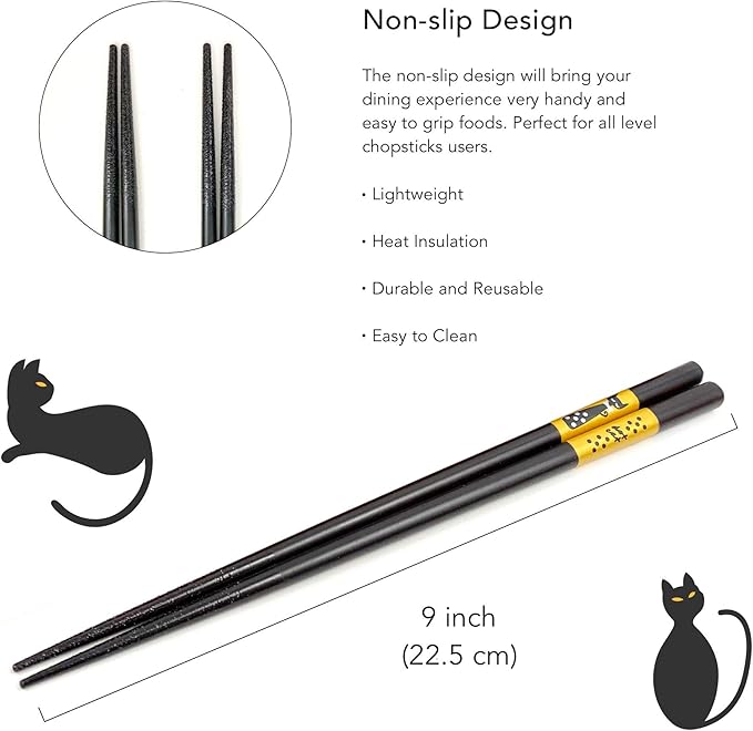 JapanBargain 4510, 5-Pair Bamboo Chopsticks Set, Reusable Japanese Chinese Korean Wood Chop Sticks, Maneki Neko Lucky Cat Design, 9-Inch Dishwasher Safe, Gift Boxed, Cute Black Cat