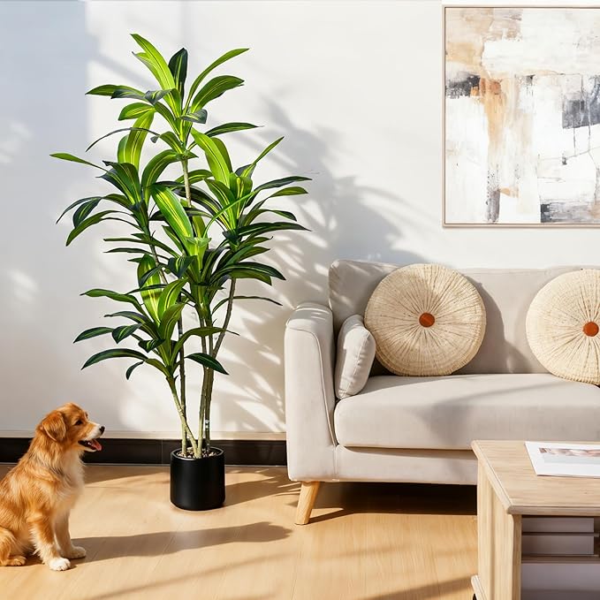 5FT Artificial Dracaena Tree, Faux Dracaena Plant with Stones in Black Round Planter, Tall Fake Floor Plant for Indoor Home Office Living Room Decor