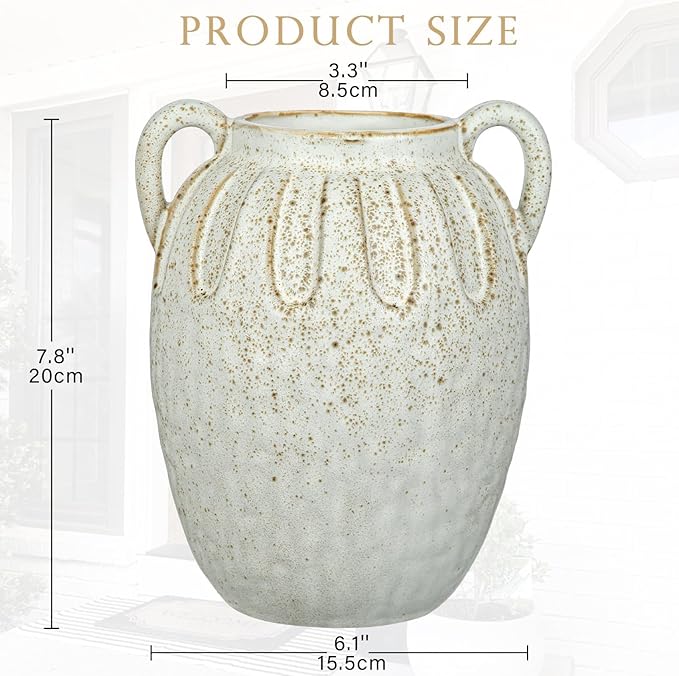 Ceramic Vase with 2 Handles,7.8 Inch Rustic Farmhouse Boho Vase for Home Decor, Petal-Like Pluting Vintage Vase for Flower, Centerpiece Table Decoration