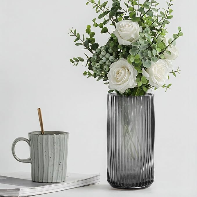 Modern Glass Vase 10 Inch Tall Grey Vases for Flowers-Thick Glass Cylinder Ribbed Vases for Bouquet, Table, Kitchen Shelf, Countertop, Decorative Flower Vase for Home Decor Living Room