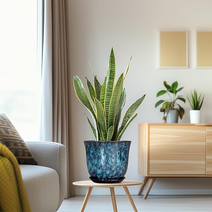 8 Inch Plant Pot - Ceramic Planter for Indoor Outdoor, Round Planter with Drainage Hole and Saucer, Modern Planters, Flower Pots, Apartment Porch Room Home Decor, Gardening Gifts, Blue