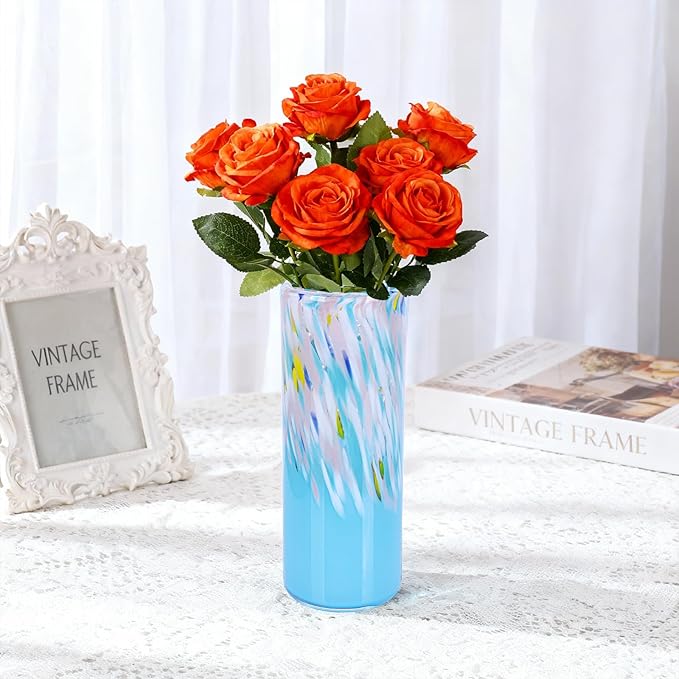 9.45" Tall Blue Vase Hand Blown Glass Vase Green, Modern Blue Home Centerpieces Wide Mouth Vases for Bud&Flower Decor - Ideal Living Room, Kitchen, Wedding, Dining Table, Office Center Table