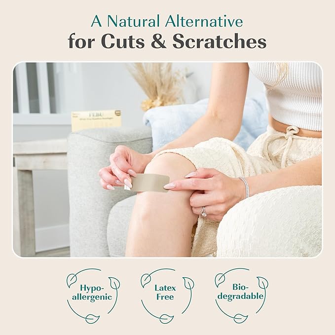 FEBU Eco-Friendly Large Bamboo Bandages | PFAS Free Bandages for Scrapes & Cuts | Flexible Fabric Bandage | Fully Compostable, Latex Free Bandage | 20 Count Large
