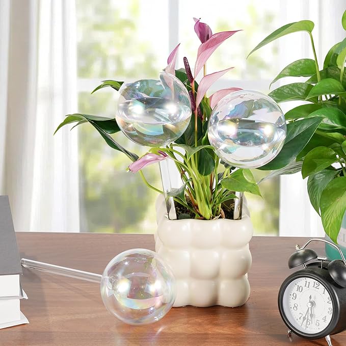13 oz Up to 15 Days Extra Large Plant Watering Globes 2PCS, Light Iridescent Glass Self Water Bulbs for Indoor Outdoor Plants, Vacation Automatic Planter Waterer System Self-Watering Stakes