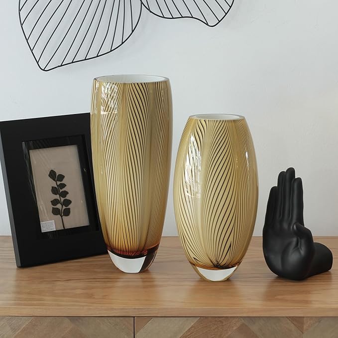 Ca D Oro Murano Style Glass Vase Amber Feather Pattern Hand Blown Art Glass for Flower, Room Decoration and Centerpiece - Model 54 MS