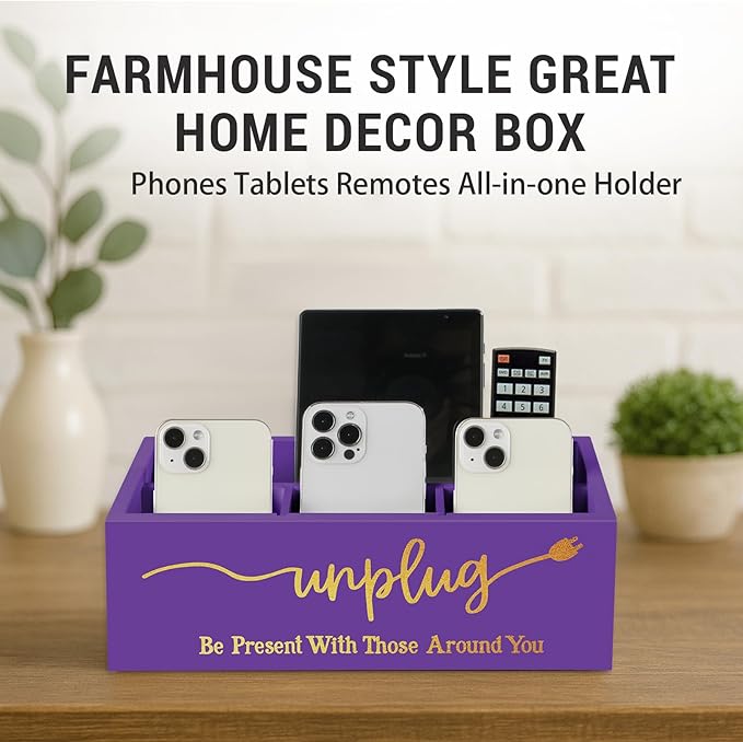 Bamboo Wood Phone Box – Unplug from Phones, Tablets, and Electronics for Study, Meetings, and Family Time, Phone Holder Organizer with Charging Holes, Farmhouse Style, Holds Up to 18 Phones-Purple