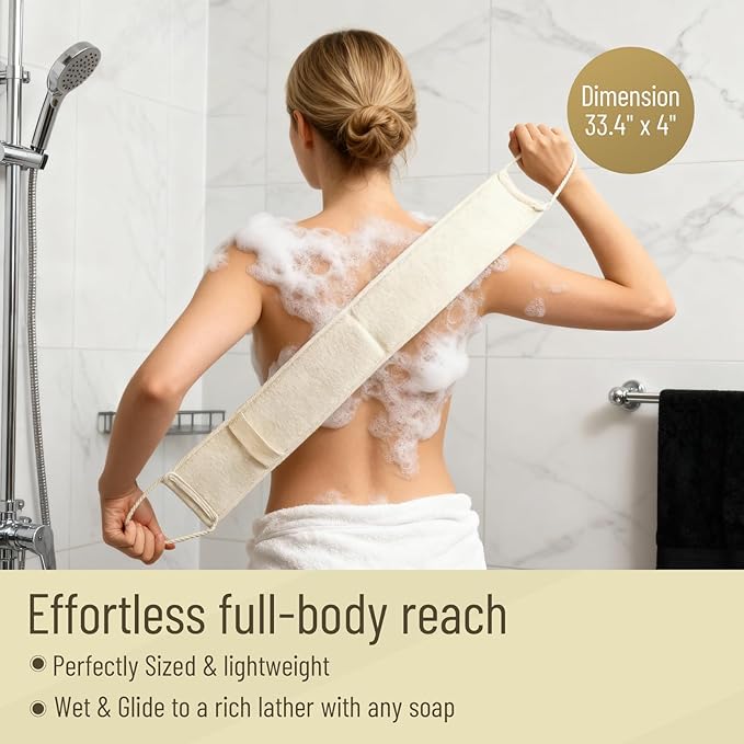Natural Loofah Back Scrubber, Double-Sided Exfoliating Body Scrubber with Handy Strap for Deep Cleaning, Durable Bath Shower Luffa Sponges for Men and Women (Beige)