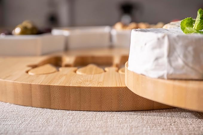 ChefSofi Charcuterie Board Set and Cheese Serving Platter - Made from Bamboo Wood - US Patented 13 inch Cheese Board and Knife Set for Entertaining and Serving - 4 Knives and 4 Bowls
