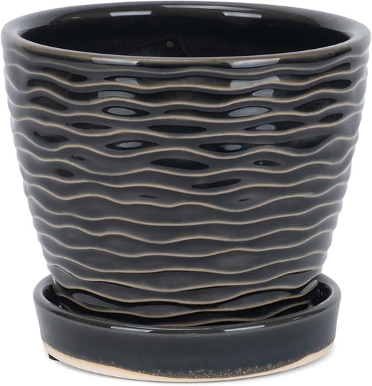 Napco Waves Pattern 4.5 Inch Black and White Ceramic Flower Pot Planter with Saucer