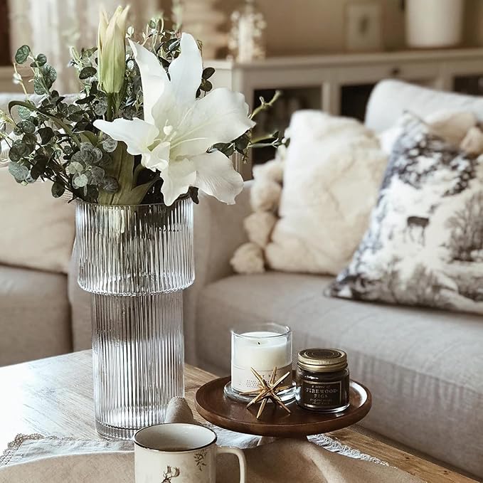 Large Glass Vase, 12 Inches Tall Vase for Flowers, Flower Vases for Bouquet, Modern Ribbed Glass Vases for Living Room, Dining Table, Office, Entryway, Mantle, Shelf, Wedding Gifts