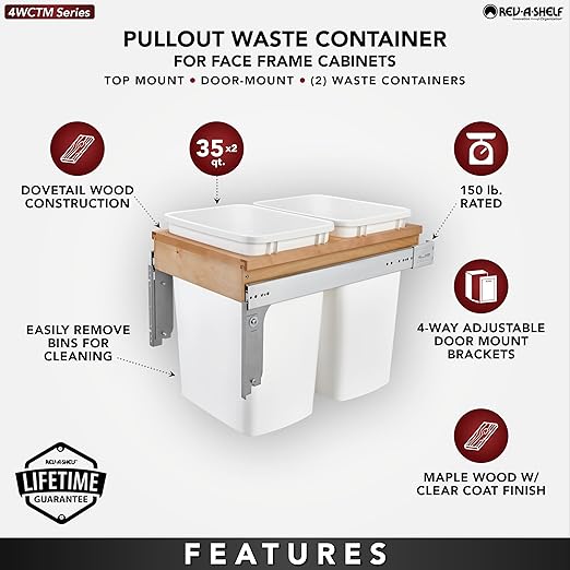 Rev-A-Shelf Top Mount Double Pullout Under Cabinet 35 Quart Kitchen Trash Cans with 150 Pound Rated Full-Extension Slides, 4WCTM-18DM2-175