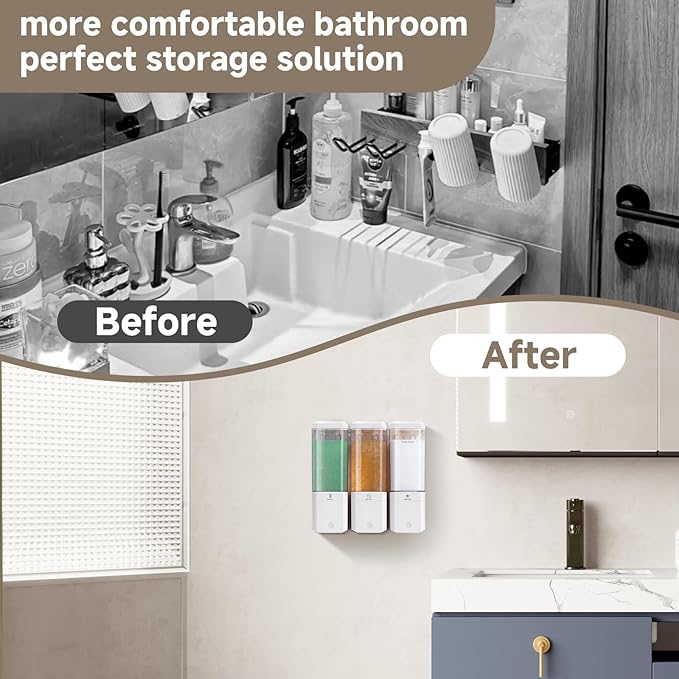 Shower Soap Dispenser Wall Mounted Shower Dispenser 3 Chamber No Drill Shampoo and Conditioner Dispenser Refillable Shampoo Dispener for Shower 3 * 500ml for Bathroom Hotel (Cream White 3 Chamber)